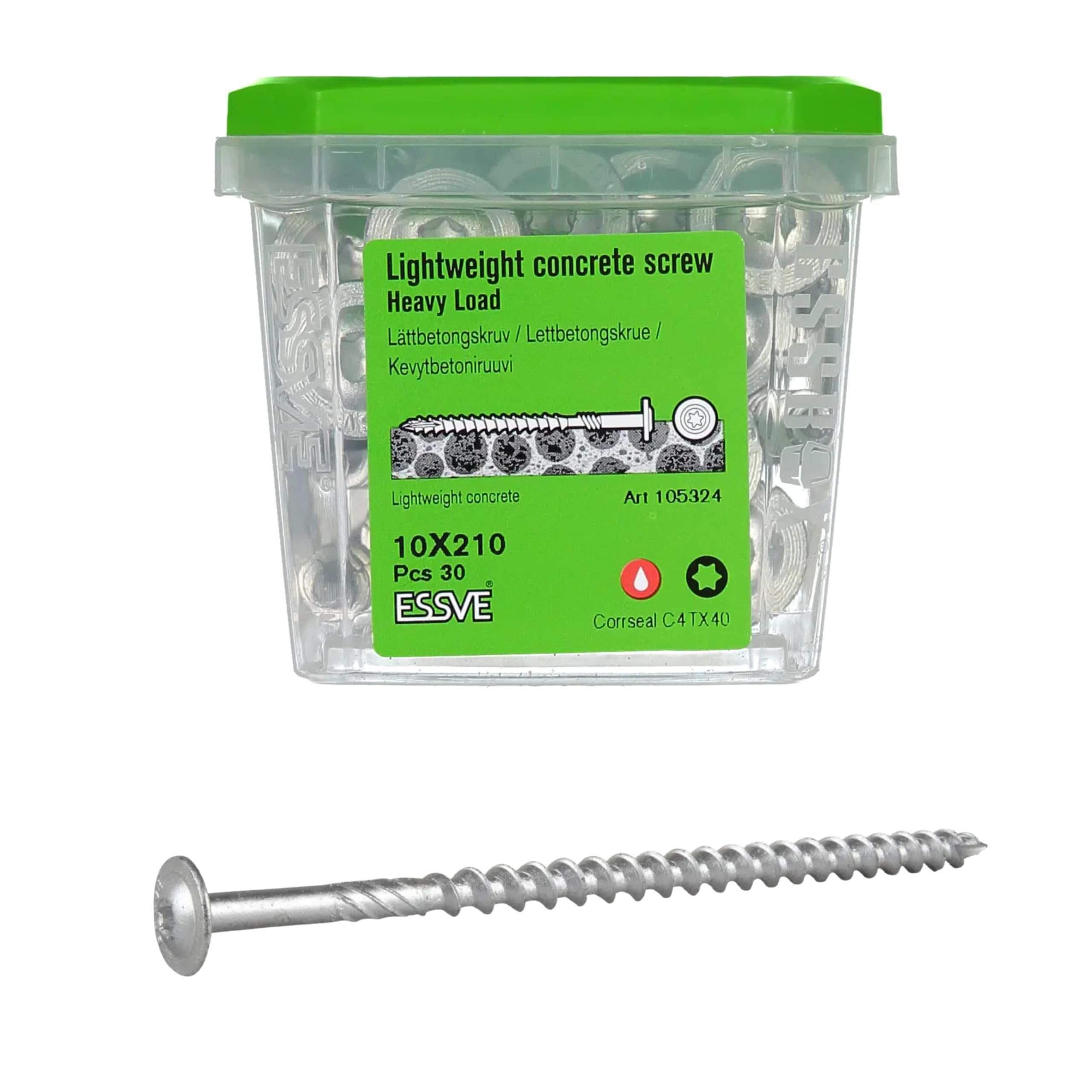 ESSVE HL-W TX40 C4 - Tornillo para hormigón aireado (10 x 185, 10 x 210 mm, para cargas pesadas, sin taladrar, ETA-20/0335, CE, fijación de soporte, resistente a la corrosión, para hormigón gaseoso