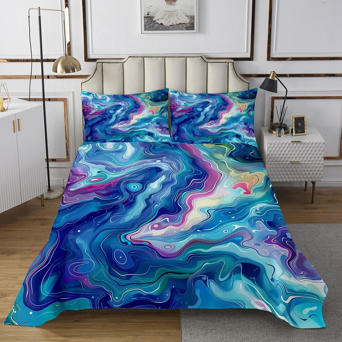 Marble Print Kids Bedspread Twin Size,Marbling Abstract Stone Luxury Texture Coverlet Set,Boys Girls Room Decor,Tie-dye Graffiti Artwork Quilted Coverlet,Teal Bedding Quilt,1 Pillowcase