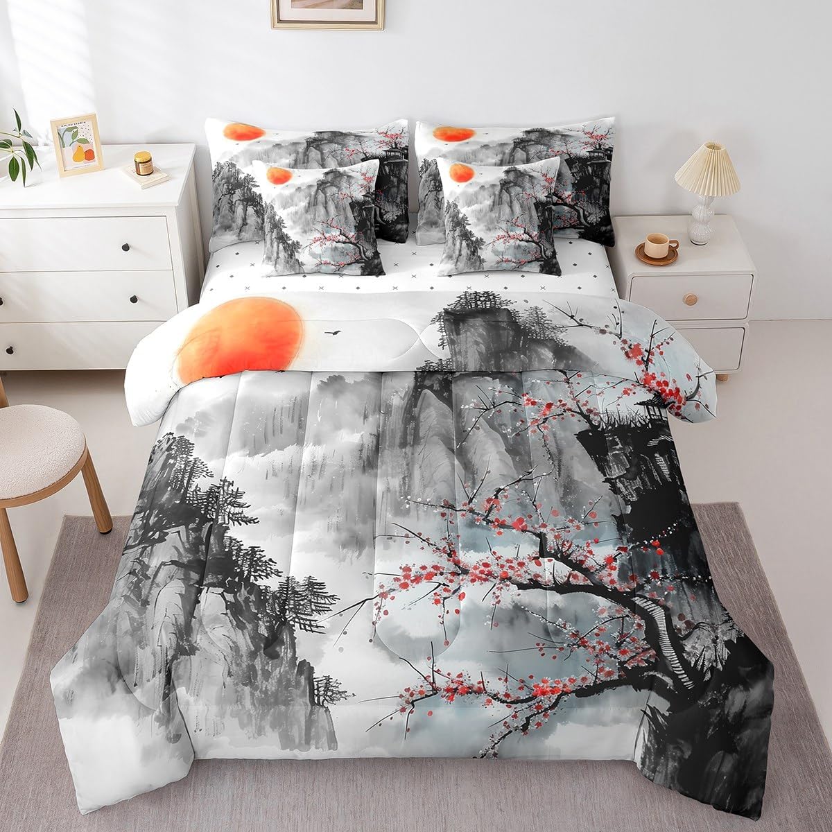 jejeloiu Japanese Style Comforter Set with Sheets Twin Size Kids Red Cherry Blossoms 7 Pieces Bedding Set for Boys Girls Teens Mount Fuji Bed in a Bag Breathable Ink Painting Bed Set Orange Sunset