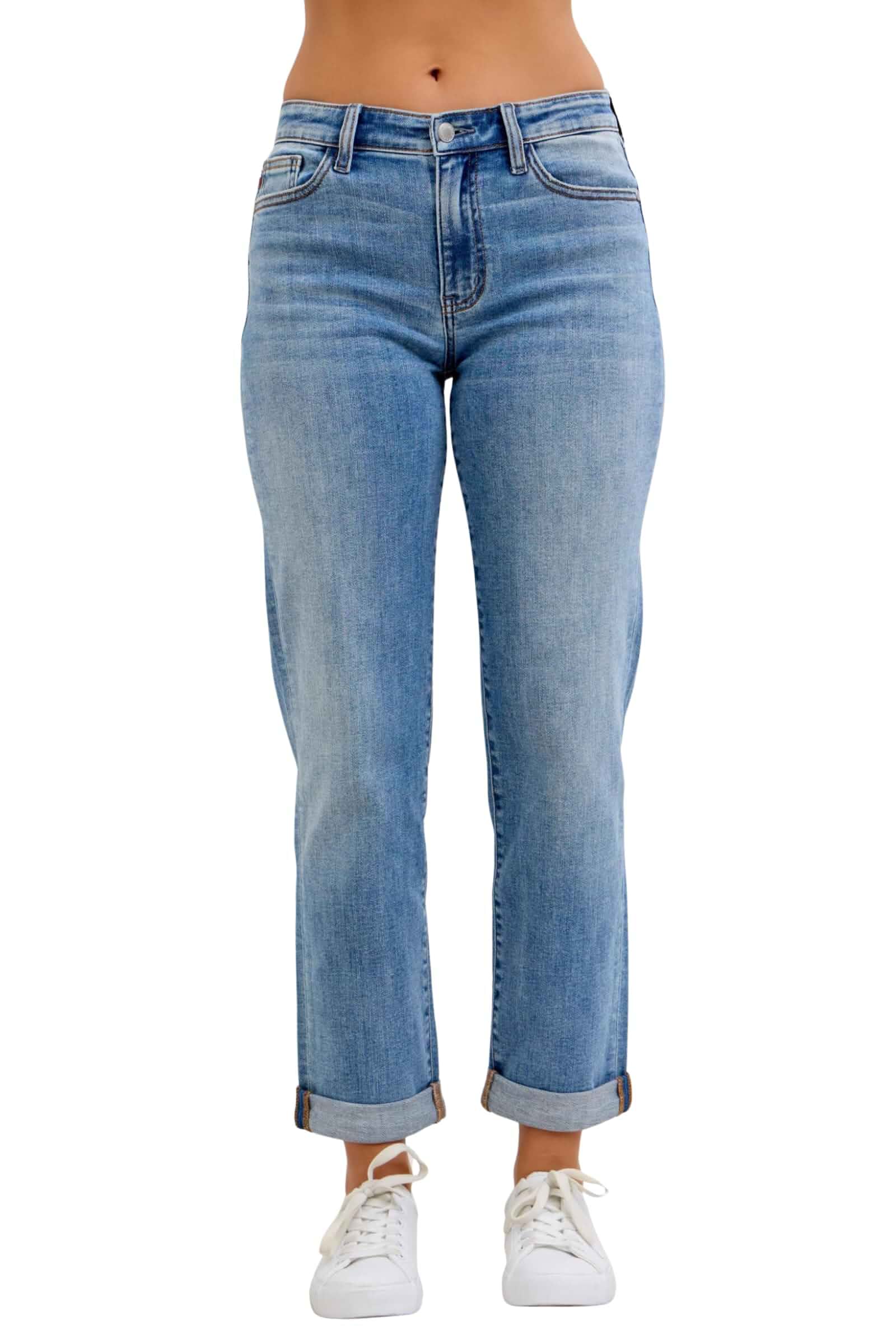Judy Blue Classic Mid Rise Light Wash Cuffed Boyfriend Jeans Relaxed