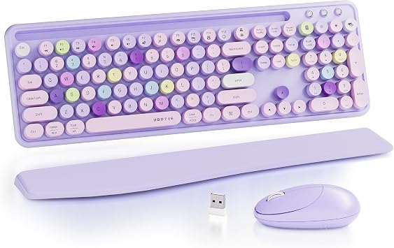 UBOTIE Wireless Keyboard and Mouse Combo, Phone Holder Purple Colorful | Ergonomic Wrist Rest, Round Colorful Keys, Power Switches, 2.4GHz USB Receiver, Full-Size QWERTY Layout for PC Laptop