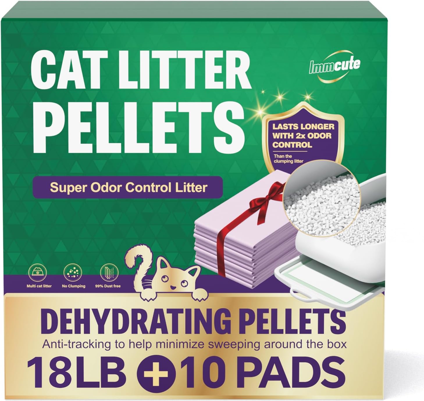 IMMCUTE Cat Zeolite Pellets, 18lb Bag Lasts 120 Days, Odor Control Cat Litter Pellets with Extra 10 Ct Cat Pee Pads, Non Clumping Cat Litter, Low-Tracking, Unscented
