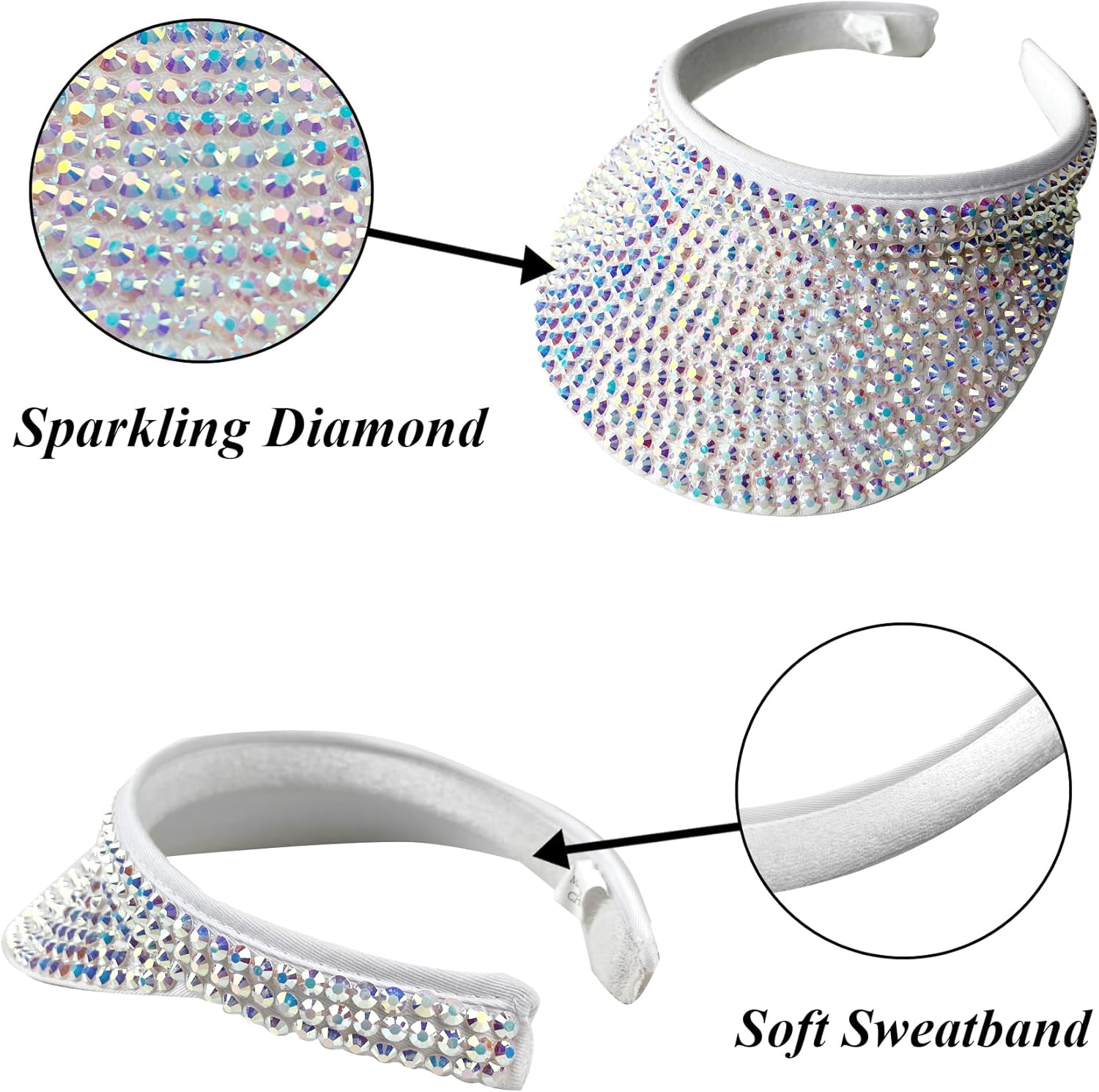 2 Pack Sparkly Rhinestone Clip on Visor Hats Women Men Sun Visors Hat Crystal Studded Shiny Sports Golf Beach Tennis Caps - Image 4