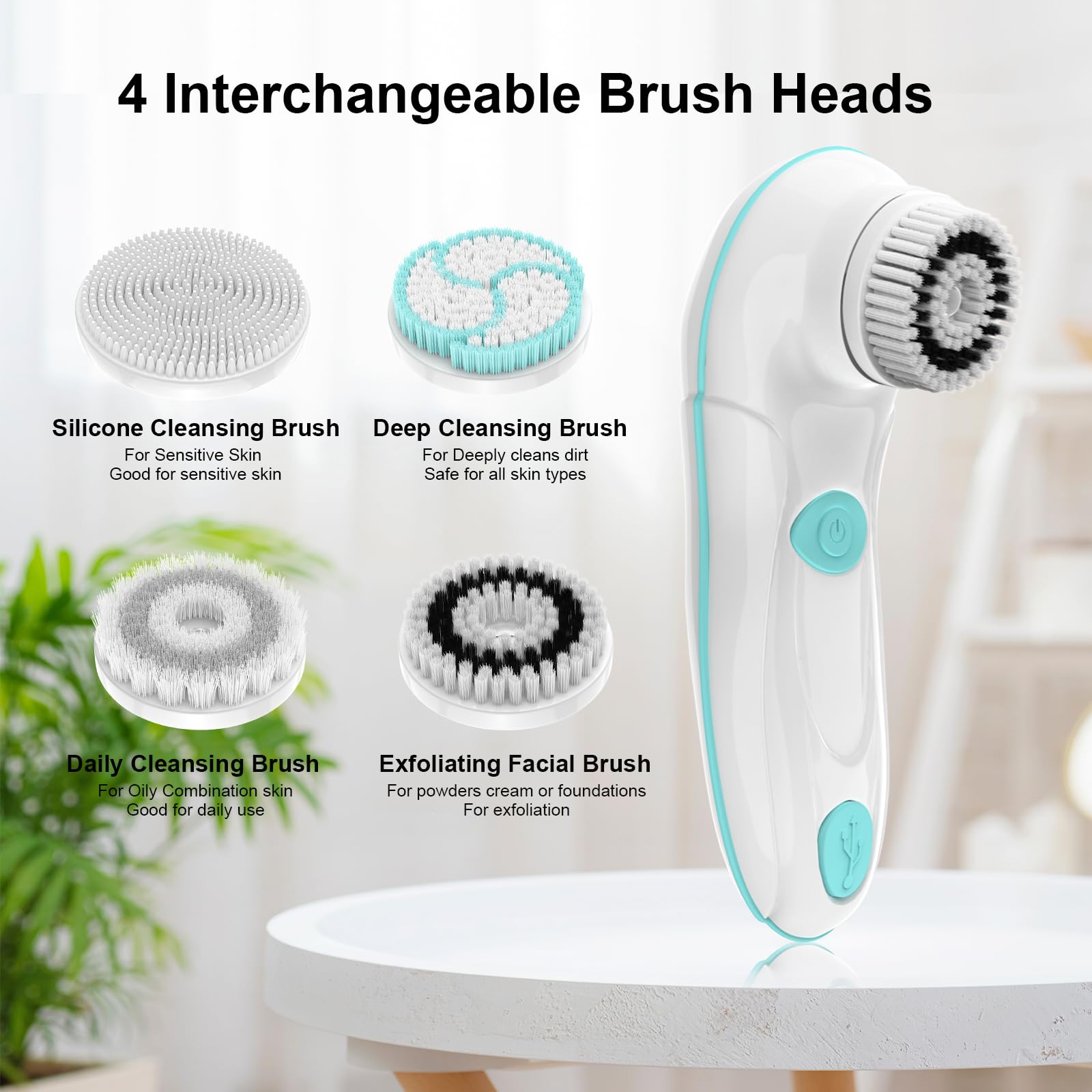Juego de cepillos giratorios de limpieza facial, 4 cabezales exfoliantes, limpiador facial eléctrico para mujeres y hombres, limpieza profunda, exfoliación suave y masaje, impermeable, recargable