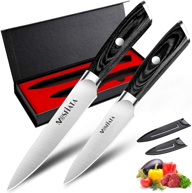 MOSFiATA Kitchen Knife Set 5/13cm Chef Knife Vegetable Chopping Cooking Knife and 3.5/9cm Fruit Paring Knife, Professional High Carbon German EN1.4116 Stainless Steel with Bonus Cover x 2, Gift Box
