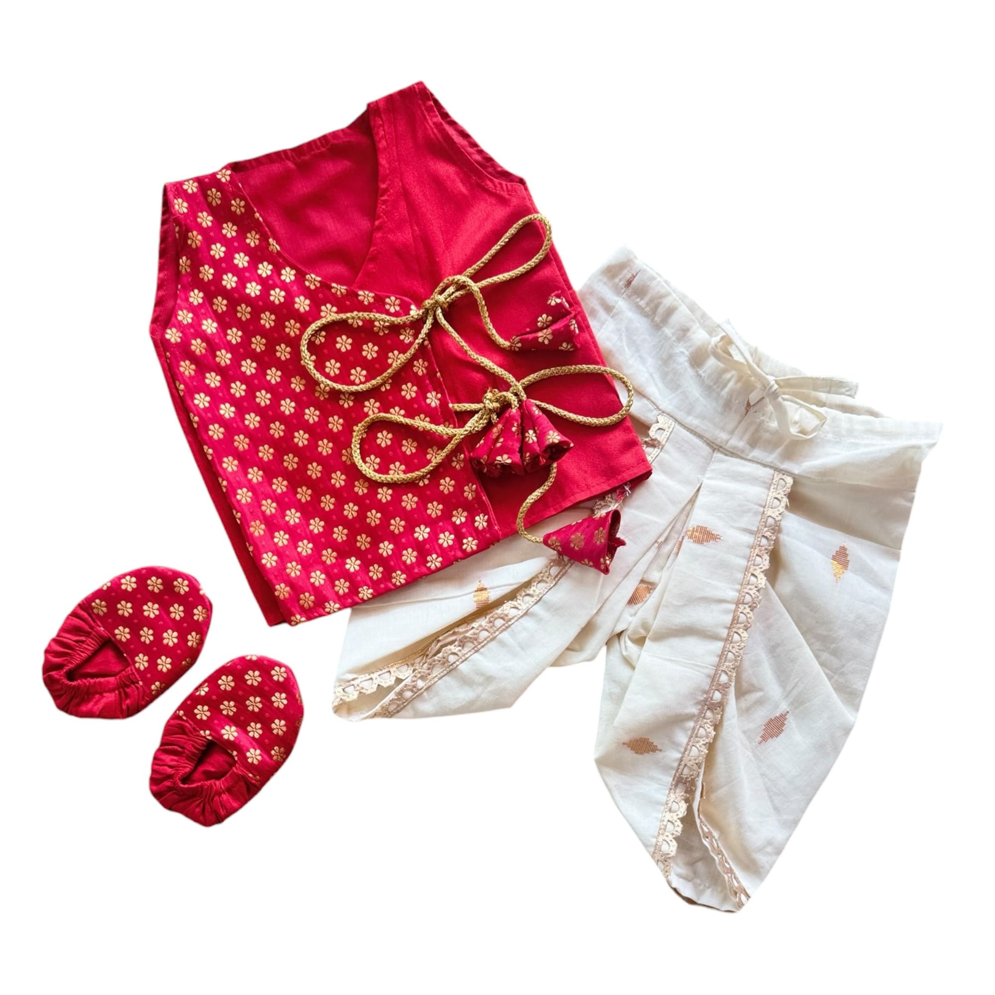 picksparrow Boys Traditional Jhabla Dhoti Set with Booties, Silk Cotton Top with Cotton Lurex Pants (Floral-Diamond)-picture-28