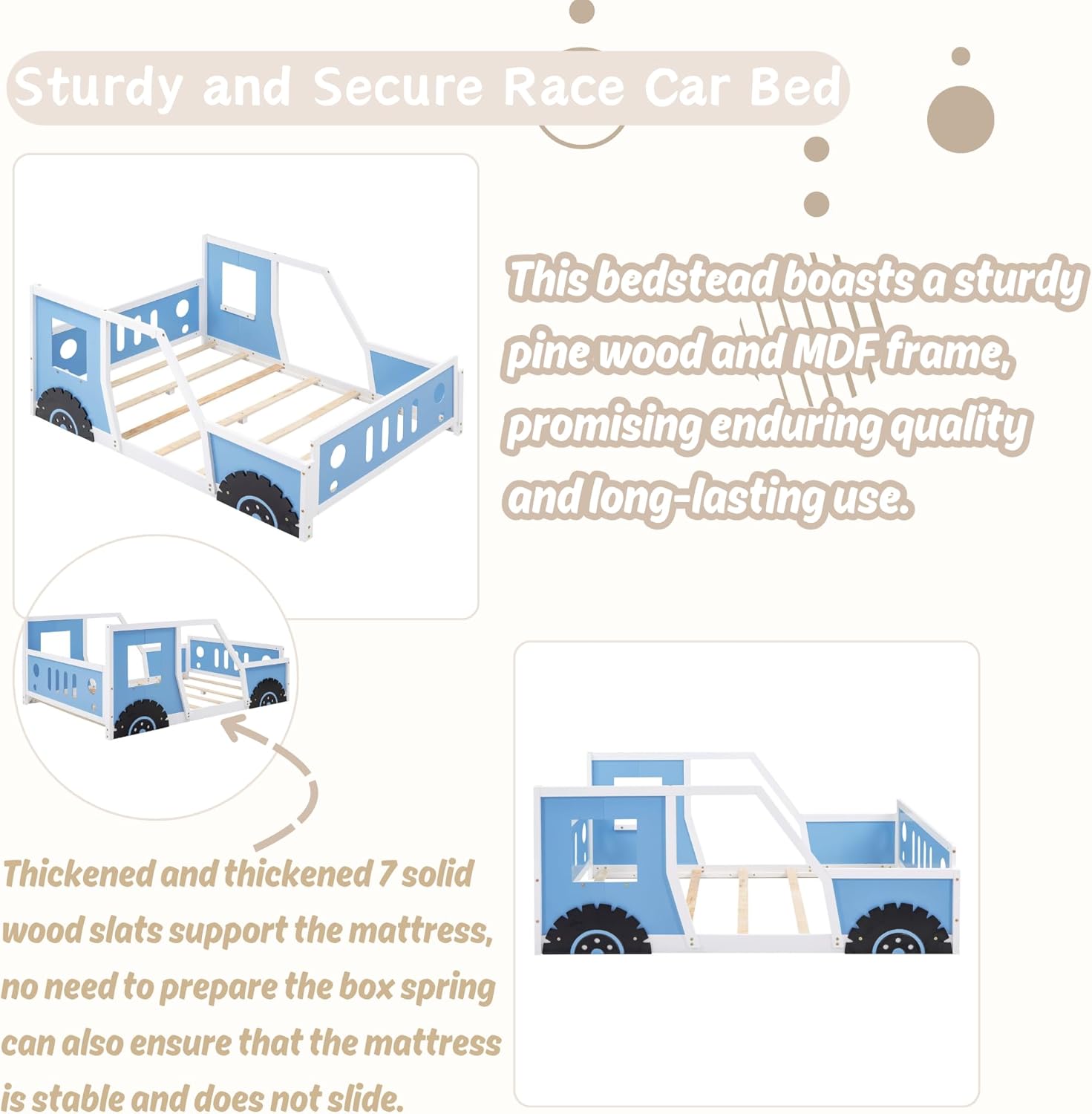 Full Size Wood Floor Bed Frame with Headboard & Footboard and 4 Side Rails, Kids Bed in Car-Shaped for Boys Girls Teens, Race car Montessori Bed for Boys, Girls, Blue