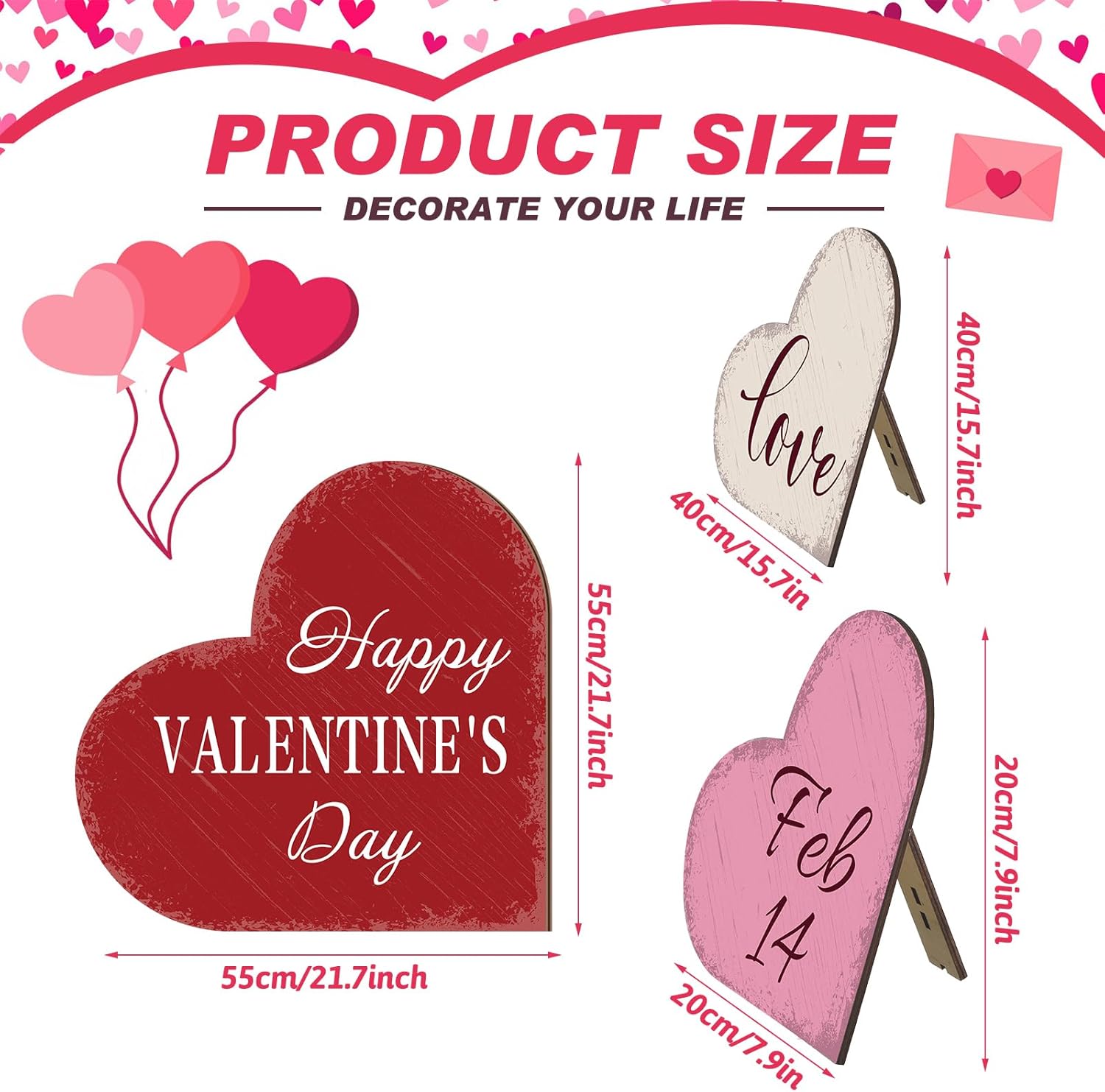 3 Piece Valentines Decorations Outdoor Large Heart Wooden Porch Signs Valentines Wood Love Ornaments Sign for Front Door Home Farmhouse Garden Patio Wedding(Classic Style) 3 different sizes Classic Style