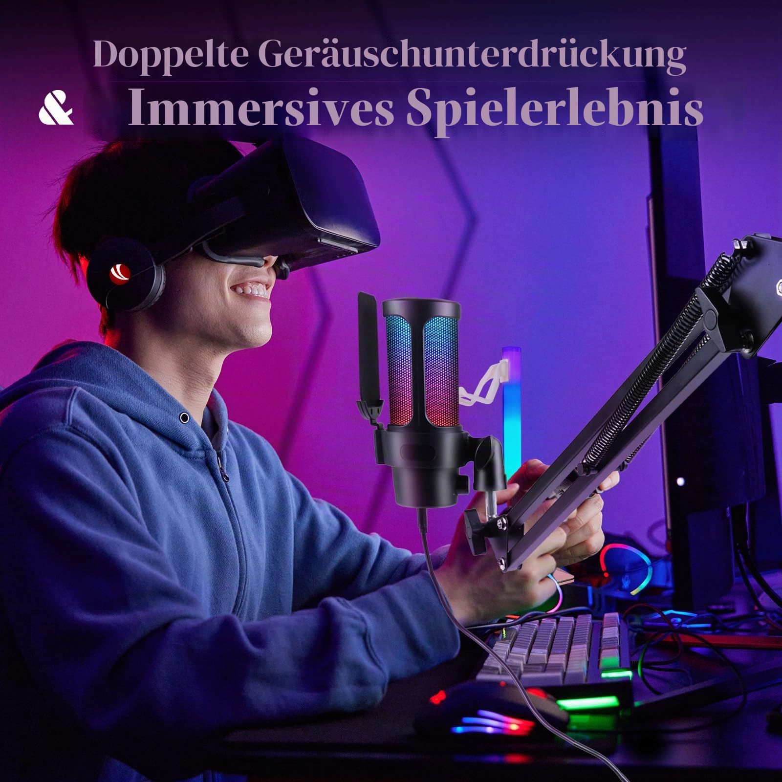 VCOM Gaming Mikrofon mit Arm, USB Microphone Kit mit RGB Modi, Mute, Pop-Filter, PC Mikrofon für Podcast, Streaming, Studio, Plug & Play, Standmikrofon für Mac, PS4, PS5, YouTube