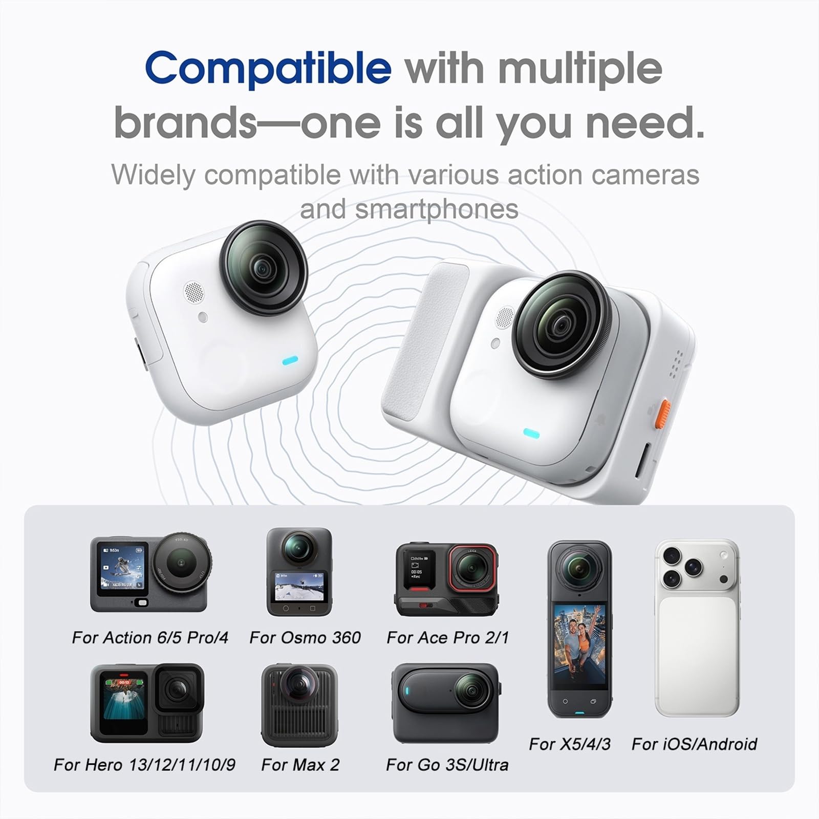 Mini télécommande Bluetooth pour Insta360 Go Ultra/X5/X4 Air/DJI Osmo Action 6/5 Pro/GoPro Hero 13/12/11, IPX5 étanche 20 m portée