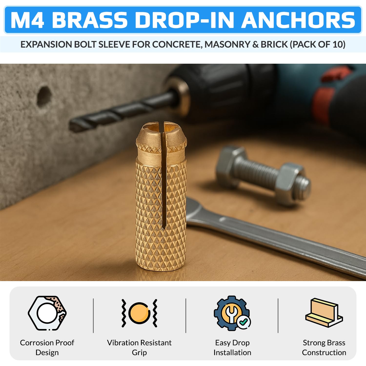 M6 Drop in Anchors Brass Wall Anchor Expansion Bolt Sleeve Fischer Brass Plug for Anchoring into Concrete Masonry Bricks, Natural Hard Stones (Pack of 10)