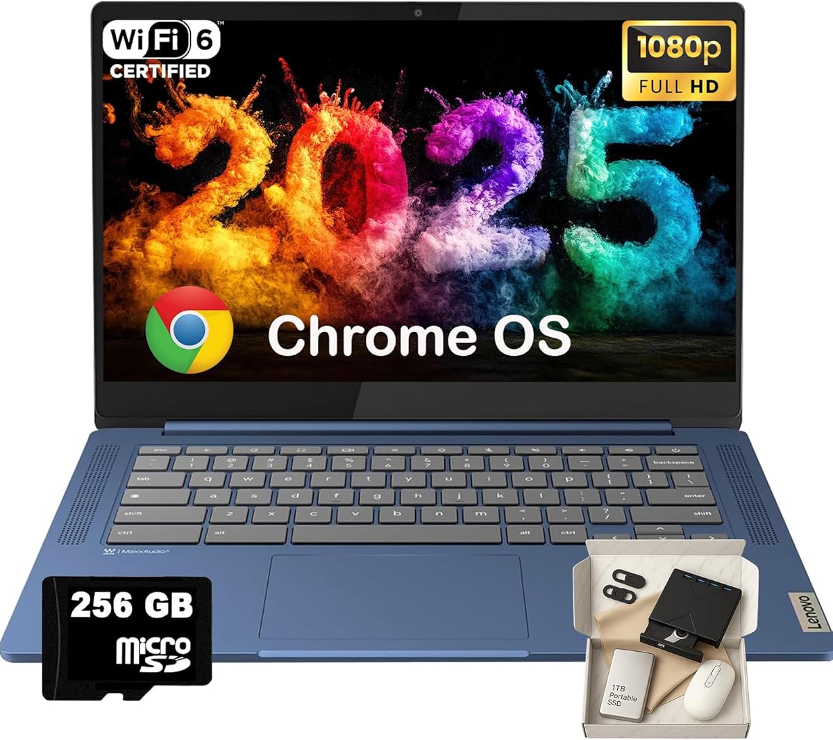 Lenovo IdeaPad Slim 3 Chromebook - 14'' Full HD (1920 x 1080) Display • 8-Core MediaTek Kompanio 520 CPU • 4GB RAM • 64GB eMMC & 256GB Micro SD Card • Wi-Fi 6 • for Business Student • Chrome OS • Blue : Electronics