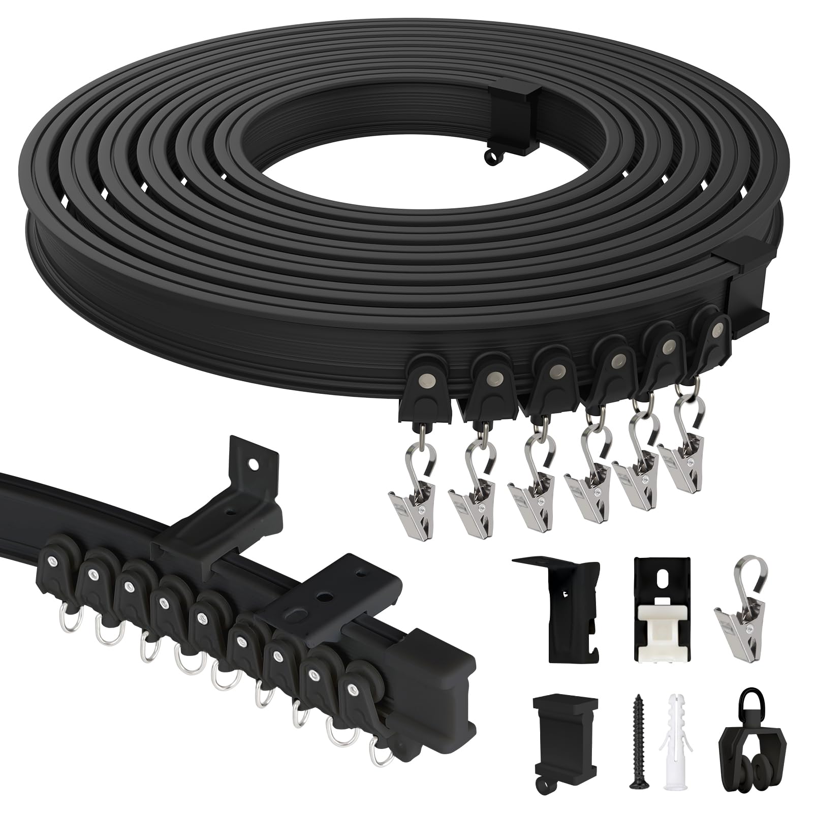 EFUTURETIME Flexible Vorhangschiene 10m Gardinenschiene 1-Läufig Schwarz | Wandmontage und Deckenmontage, aus ABS, für Gardinenaufhängung, Raumteiler, Wohnmobil, Balkone, Büros und Hotels
