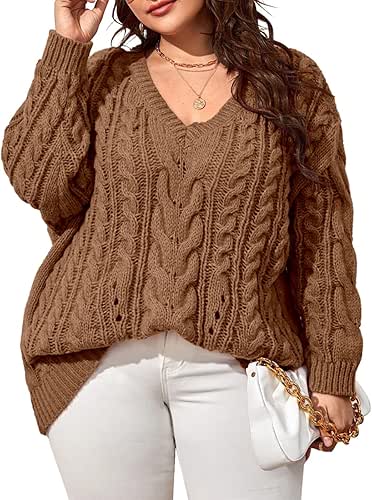 Dyexces Plus Size Sweaters for Women V Neck Long Sleeve