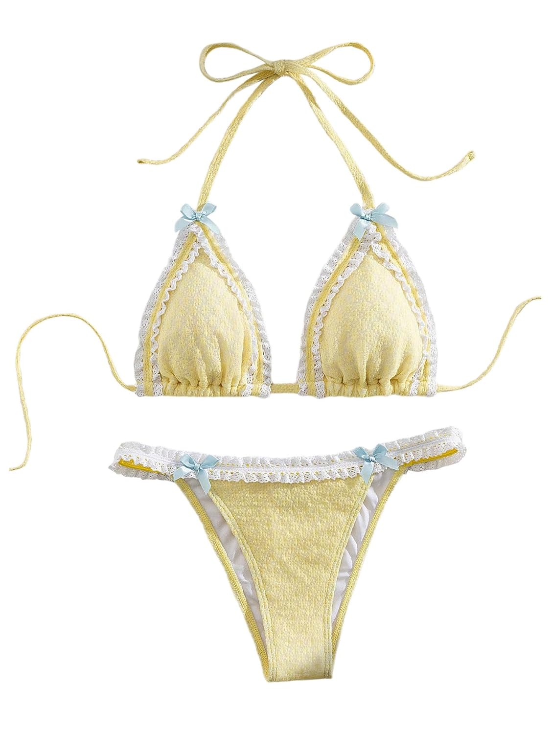 Milumia Womens Lace Trim Bow Tie Bikini Set Triangle Halter Cheeky 2 Piece Swimsuit