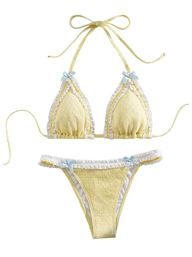 Milumia Women's Lace Trim Bow Tie Bikini Set Triangle Halter Cheeky 2 Piece Swimsuit - X-Small - Yellow