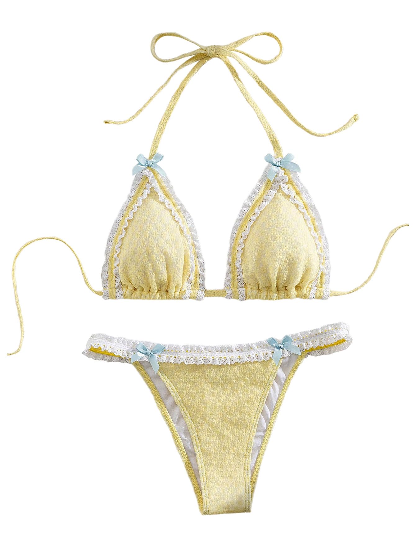 Milumia Womens Lace Trim Bow Tie Bikini Set Triangle Halter Cheeky 2 Piece Swimsuit