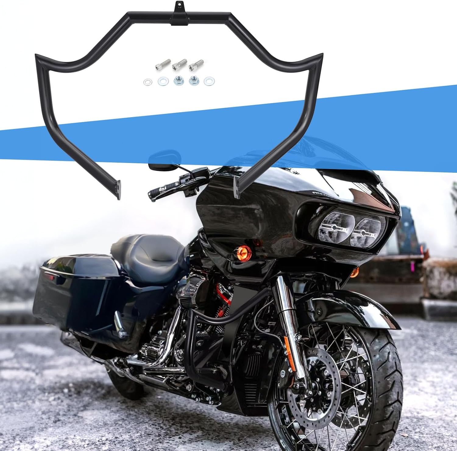 Mustache Black Crash Bar Engine Guard Highway Bar for Ultimate Protection Compatible with 2009-2023 Harley Touring Road Glide Road King Street Glide Electra Glide CVO and Trike Models