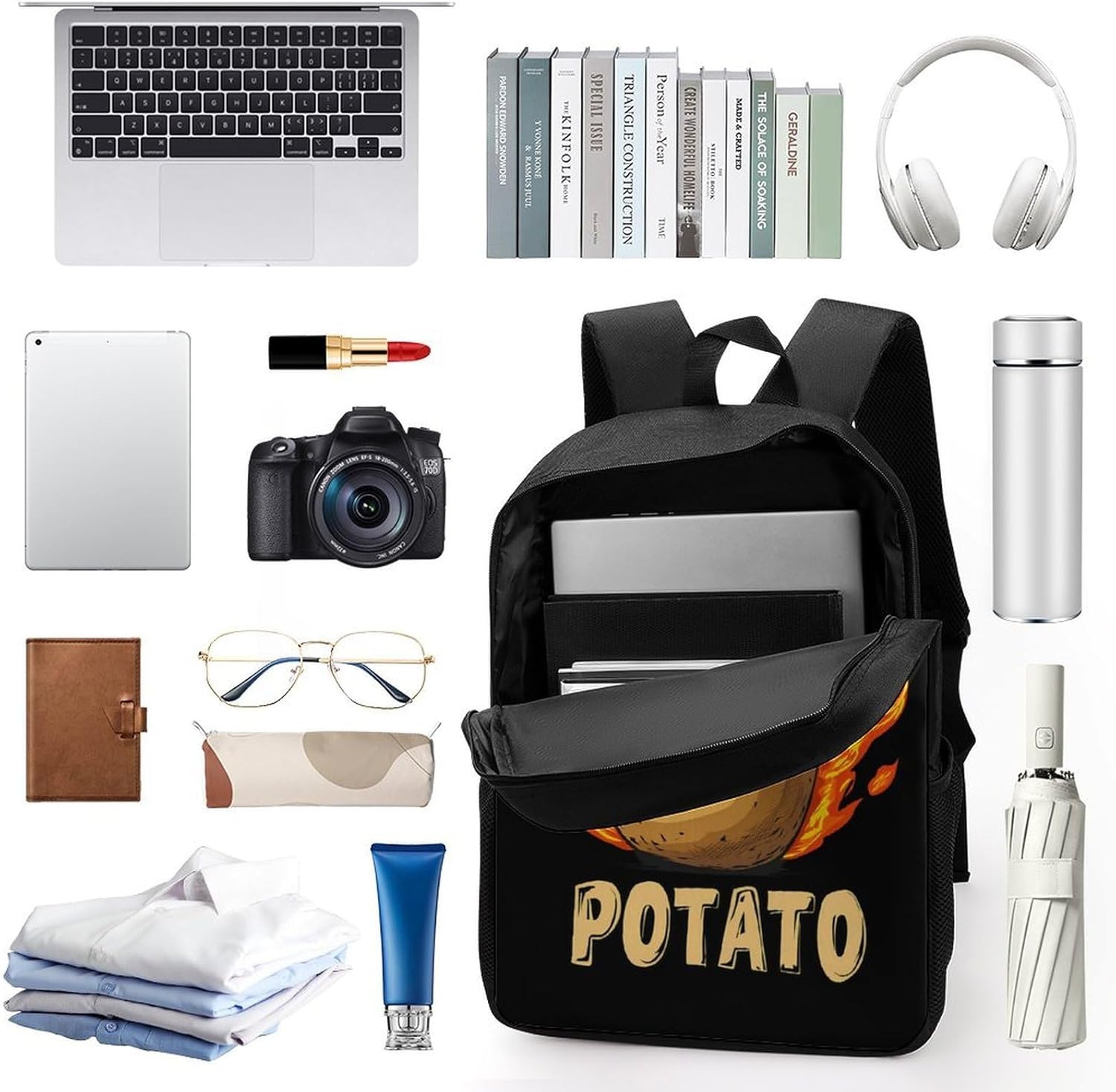 Cool Potato with Flames Unisex Backpack 17" Casual Daypacks Simple Shoulders Bag for Camping Hiking Travel Gear