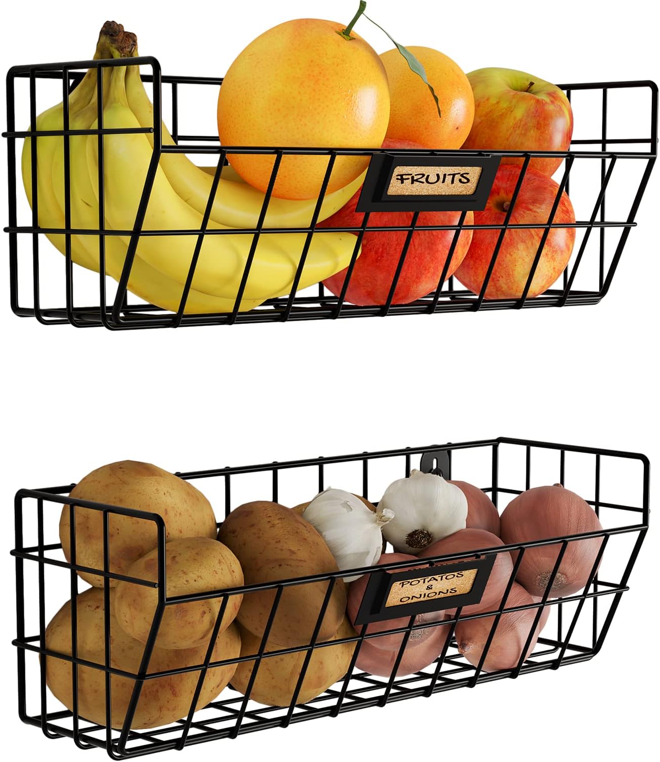 Wall35 Macon Wall Mounted Metal Wire Baskets for Kitchen Organization and Storage, Hanging Fruit Basket Set of 2 Black