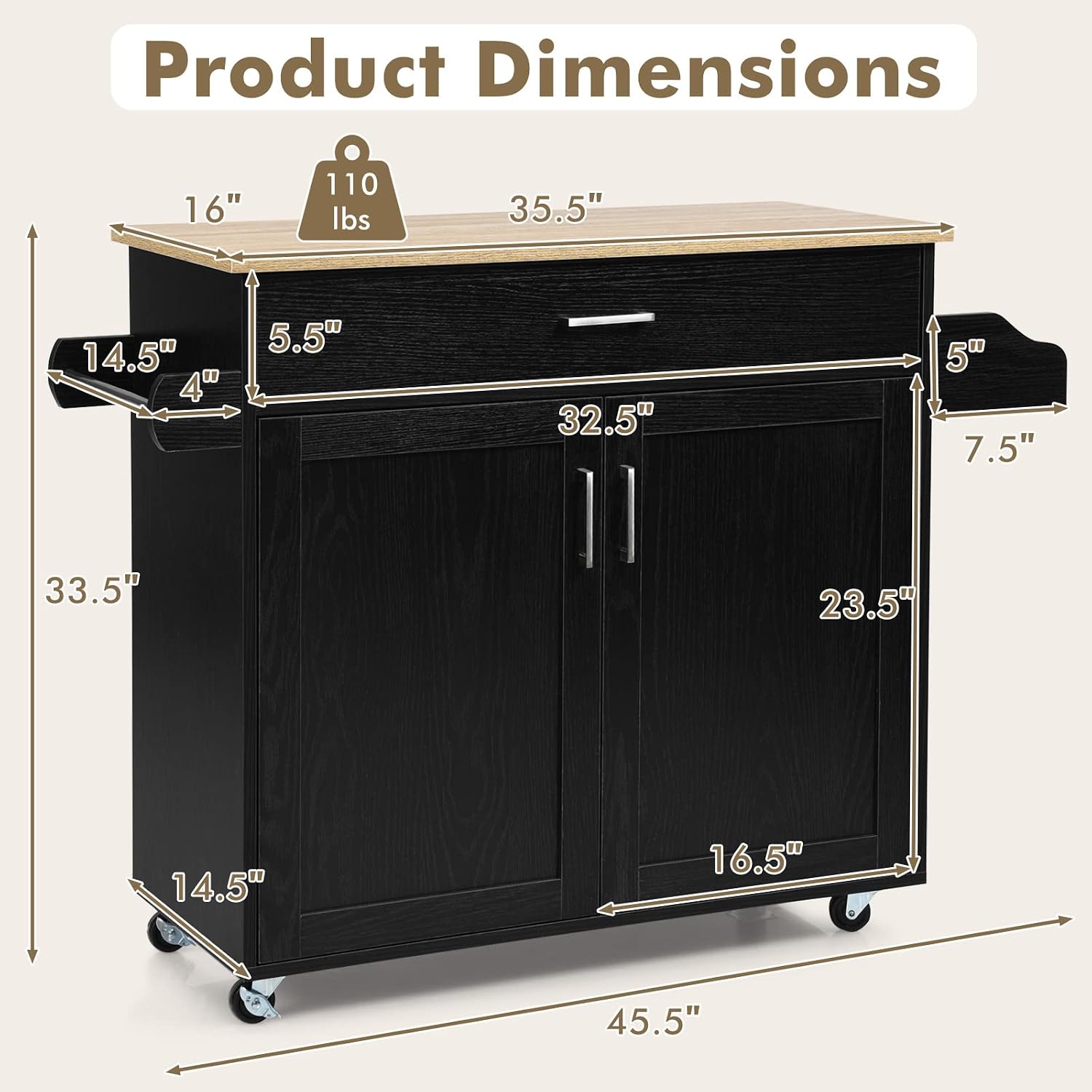 Kitchen Island with Storage Drawers, Kitchen Cart on Wheels with Adjustable Shelves, Spice Rack & Towel Rack, Rolling Island Cart for Kitchen, Dining Room (Black)