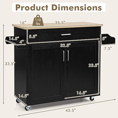 Miniatura 7 de COSTWAY Carrito de isla de cocina, carrito de almacenamiento rodante con ruedas de goma bloqueables, gabinete grande, cajón, estante de especias y