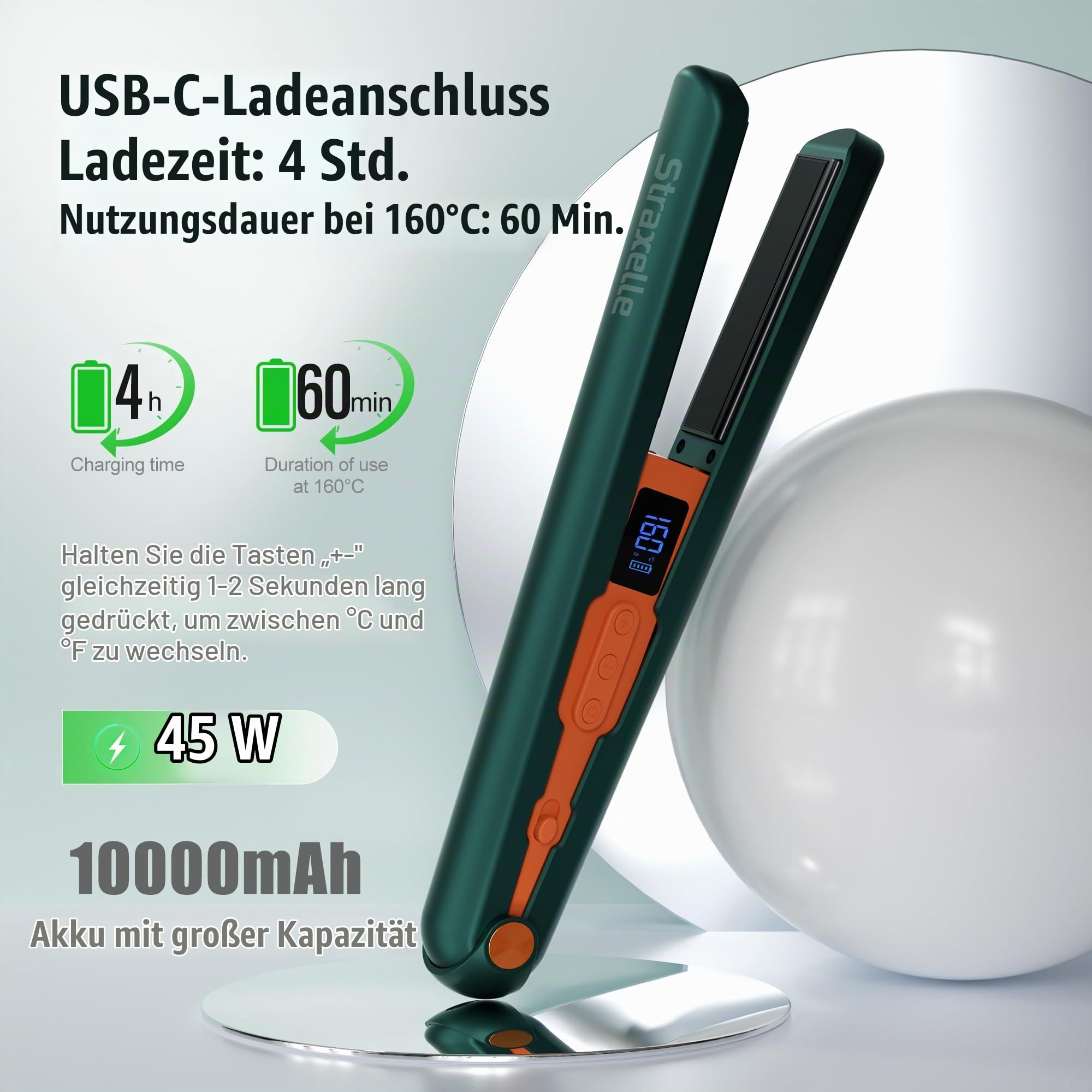 2 in 1 Glätteisen Locken und Glätten, 160°C-220°C Reise Glätteisen Kabellos 10000mAh Akku Haarglätter Tragbares mit LED Anzeige, 4 Einstellbare Temperaturen Haarglätter für Frauen Männer (Dunkelgrün)