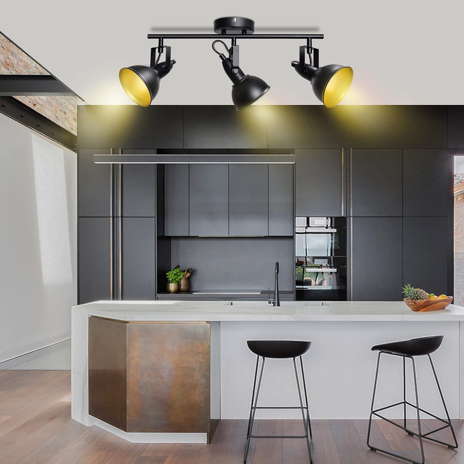 Deckenstrahler 3-flammig E14 Deckenleuchte Schwarz Gold | Schwenkbare Spots für gezielte Beleuchtung, Vintage Design für Wohnzimmer, Küche und Schlafzimmer, ohne Leuchtmittel