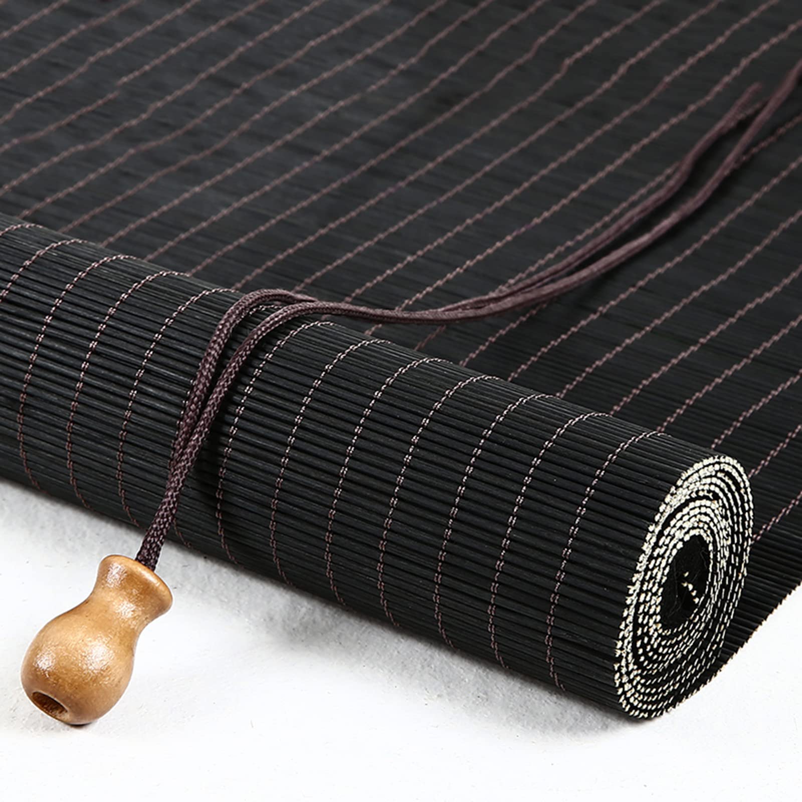 Store enrouleur rétro en bambou noir – Protection solaire réglable et occultant pour chambre à coucher, cuisine, balcon – Poignée latérale élégante – Motif romain