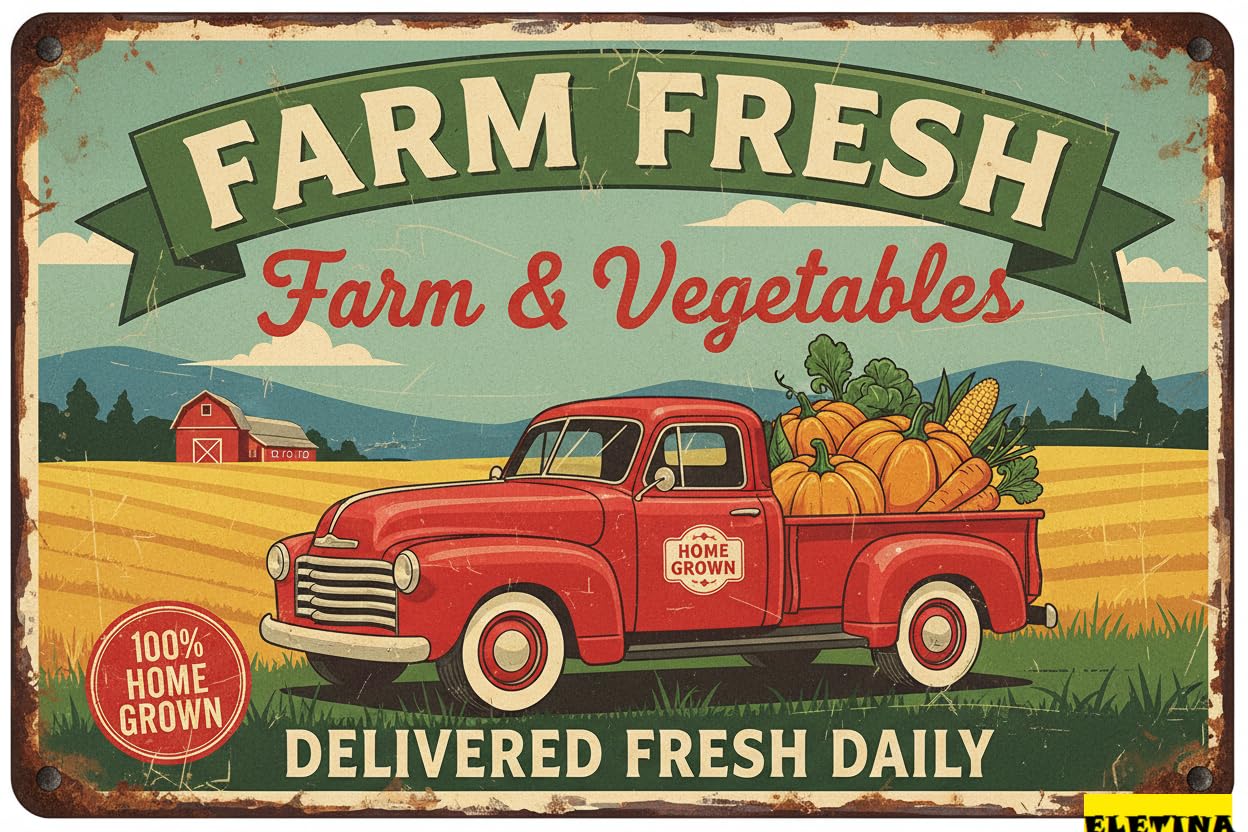 Farm Fresh Fruits And Vegetables Tin Sign, 12x8 Inch