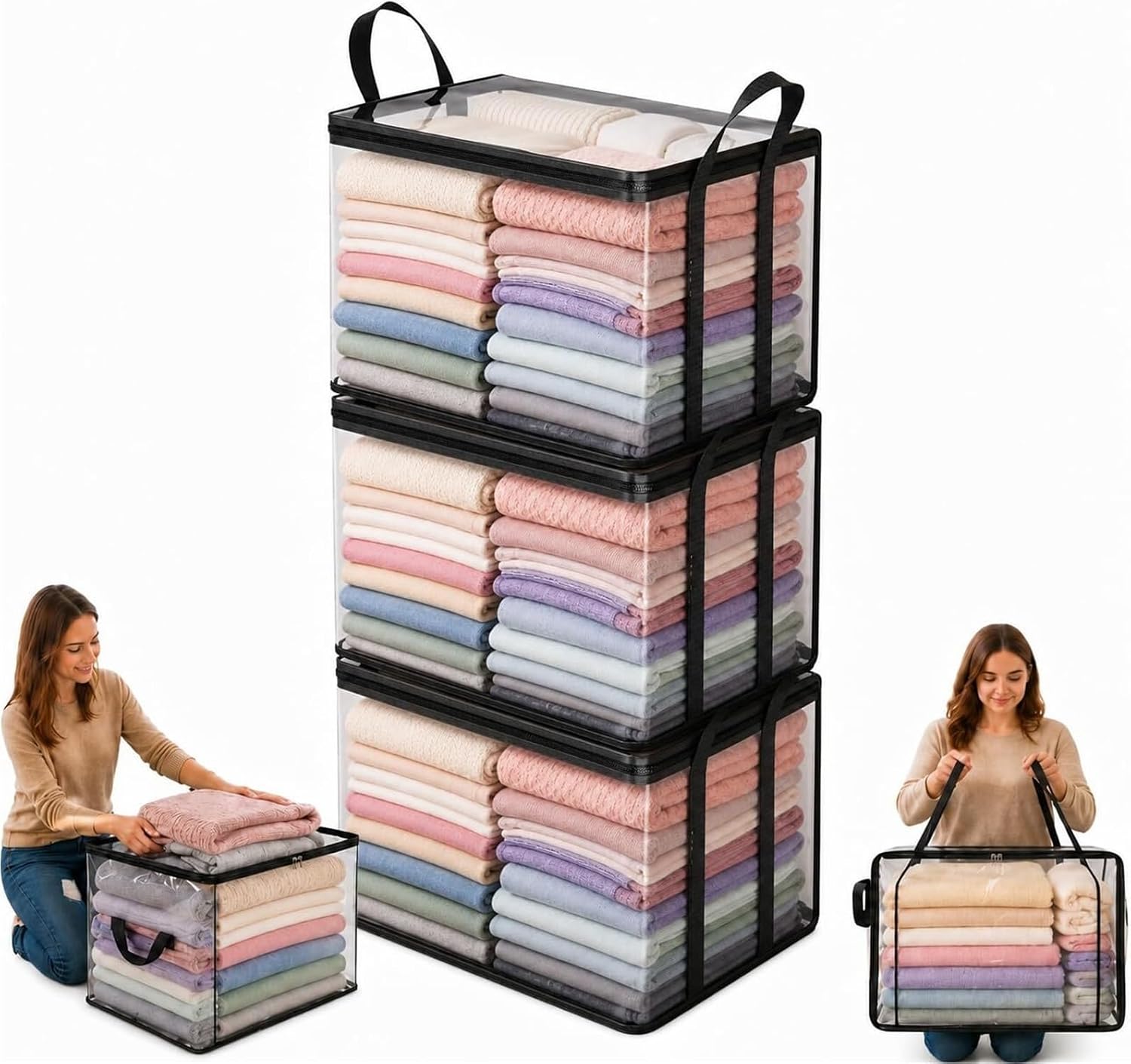Large Clear Plastic Storage Box - Hinged Lid, Zipper, Heavy-Duty | Thick material for durability High capacity organizer Ideal for moving(10pcs)