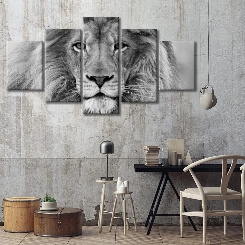 TUMOVO Toile murale à thème tête de lion noir et blanc – peintures d'animaux – images de peintures d'animaux modernes – cadre d'art contemporain prêt à être accroché – 152,4 x 81,3 cm (l x H)