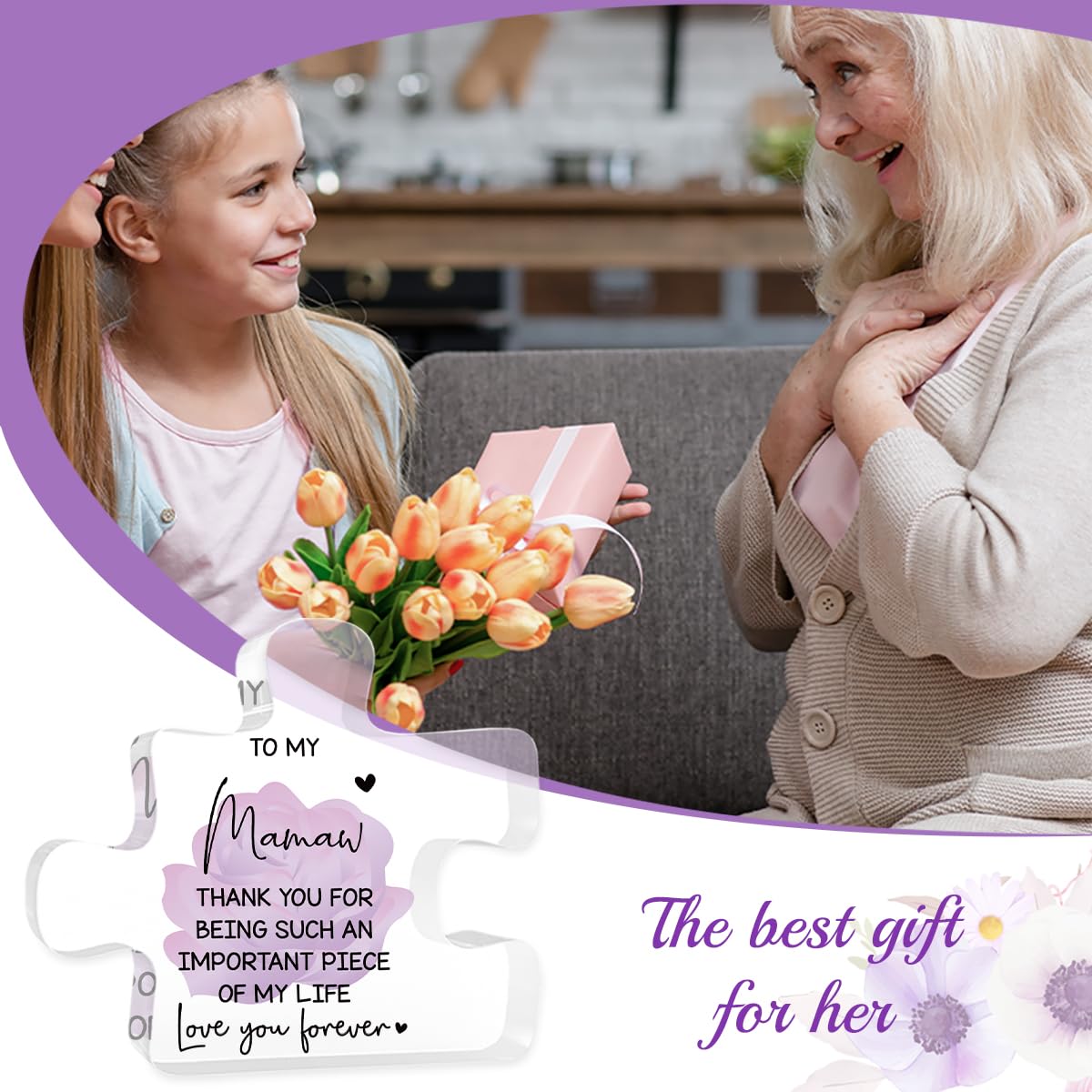 Mamaw Gifts Gifts for Mamaw Christmas From Grandkids Acrylic Puzzle Decorations 4.7 x 4.3 Inches Valentine's Day Christmas Birthday Gifts for Mamaw, Gifts Ideas for Mamaw Purple