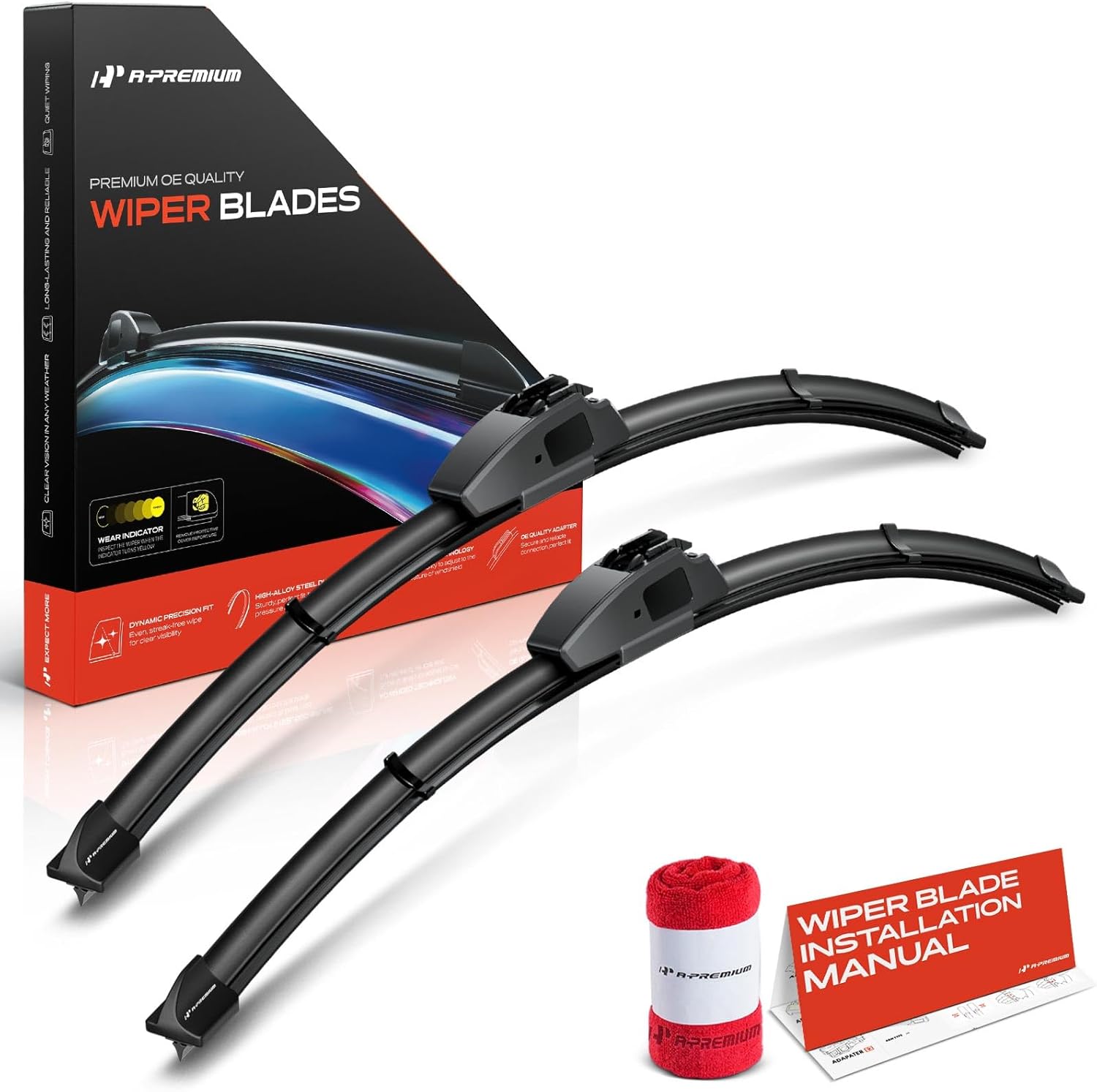 A-Premium Pack of 2 Windshield Wiper Blades with Wear Indicator & Towel - Compatible with Mitsubishi Outlander 2007-2013, Outlander Sport, Eclipse & Lexus RX300-24" and 21", Hook Connector
