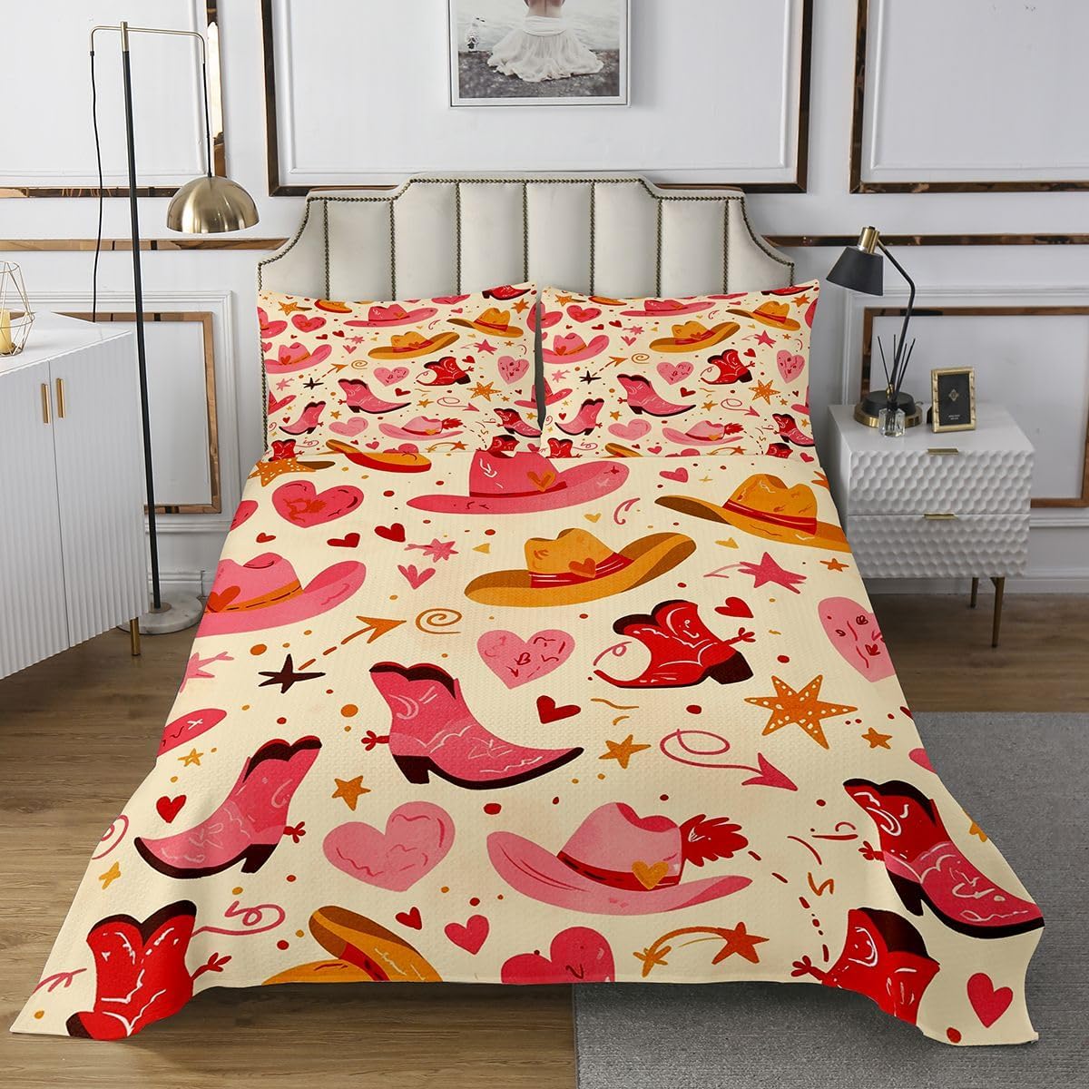 Erosebridal Pink Western Boots Bedspread Sets King Size | Preteen Cute Girly Cowgirl Boots Coverlet Set for Kids Teens Girls Cartoon Western Cowboy Hat Bed Set Country Farmhouse Girly Bedding Set