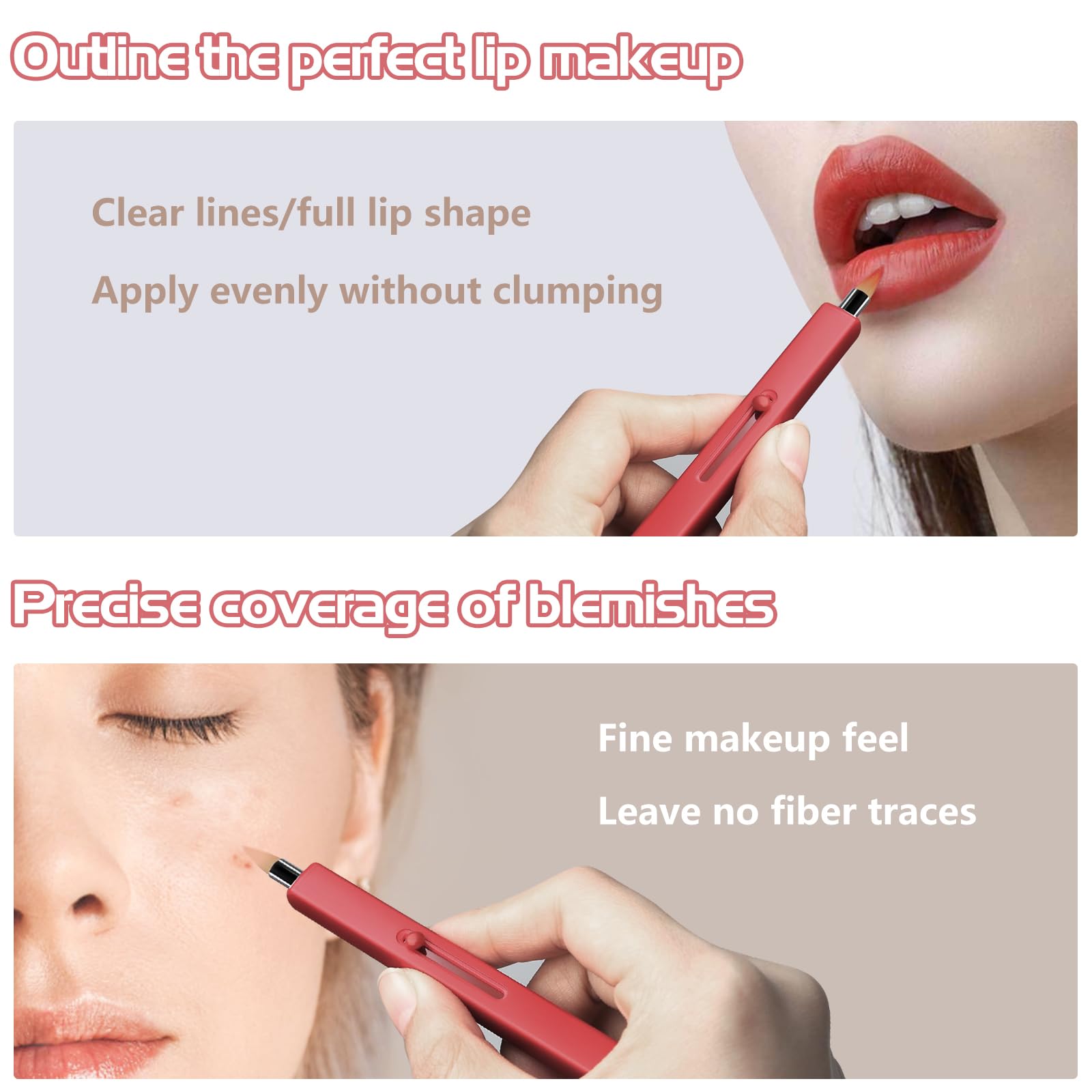 Pincel de Maquillaje Retráctil Doble Extremo para Labios, Portátil (Rojo + Plateado)