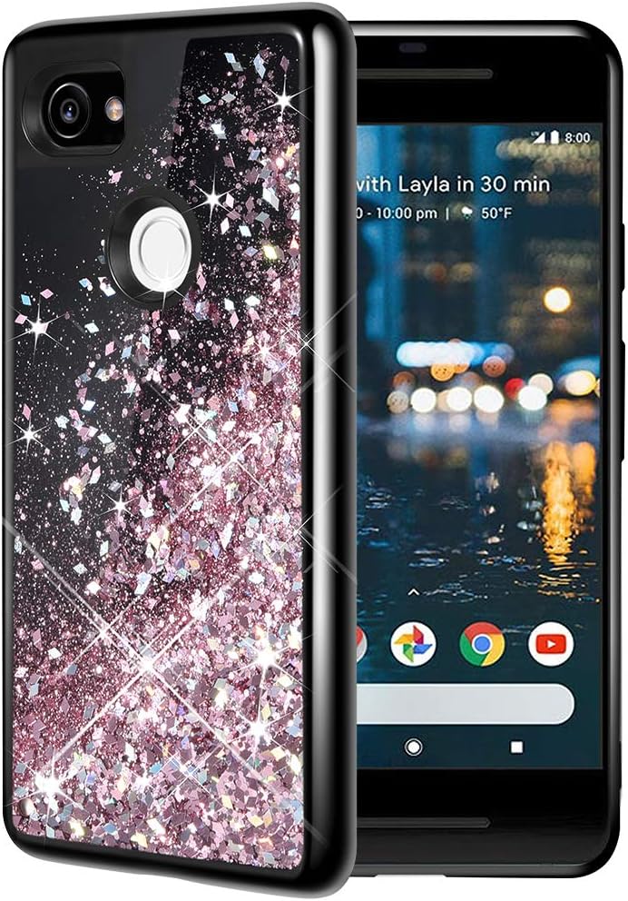 Caka Google Pixel 2 XL Case, Google Pixel 2 XL Glitter Case Starry Night Series Luxury Fashion Bling Flowing Liquid Floating Sparkle Girly Soft TPU Black Case for Google Pixel 2 XL (Rose Gold)
