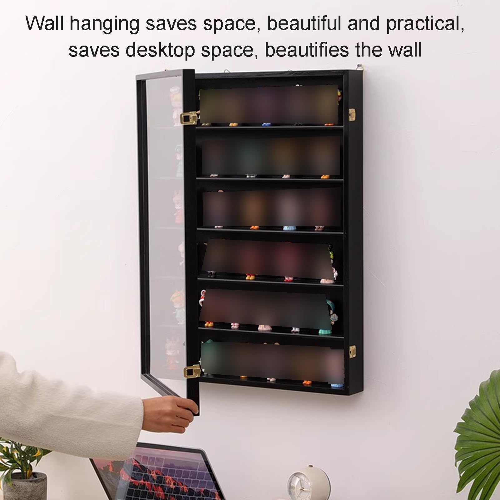 Vetrina a parete a W con 8 ripiani e anta, organizer da collezione e modelli di giocattoli, mensole per casa e camera da letto (bianco, 60 x 8,5 x 80 cm)