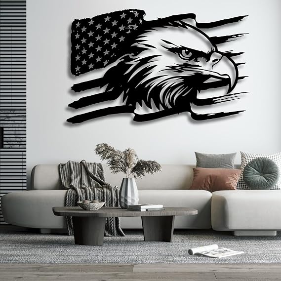 Lunwall American Eagle Metal Wall Art, US Flag Wall Decor, Large Metal Eagle Sign, Fourth of July Independence Day, Patriotic Gift (35x22inches / 90x56cm, Style 2)