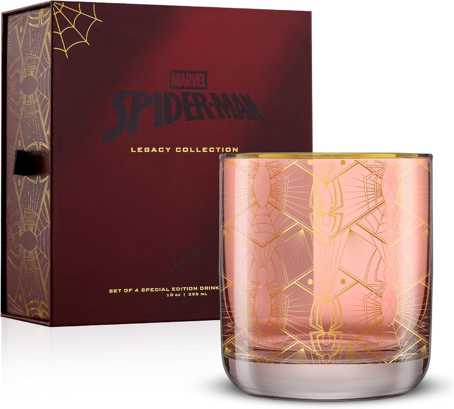 JoyJolt Marvel Spider-Man Legacy Short Drinking Glasses, 10oz Superhero Glass Cups Set of 4, Kitchen Glass Tumbler Set, Gifts for Men and Women, Cool Marvel Stuff for Fathers Day