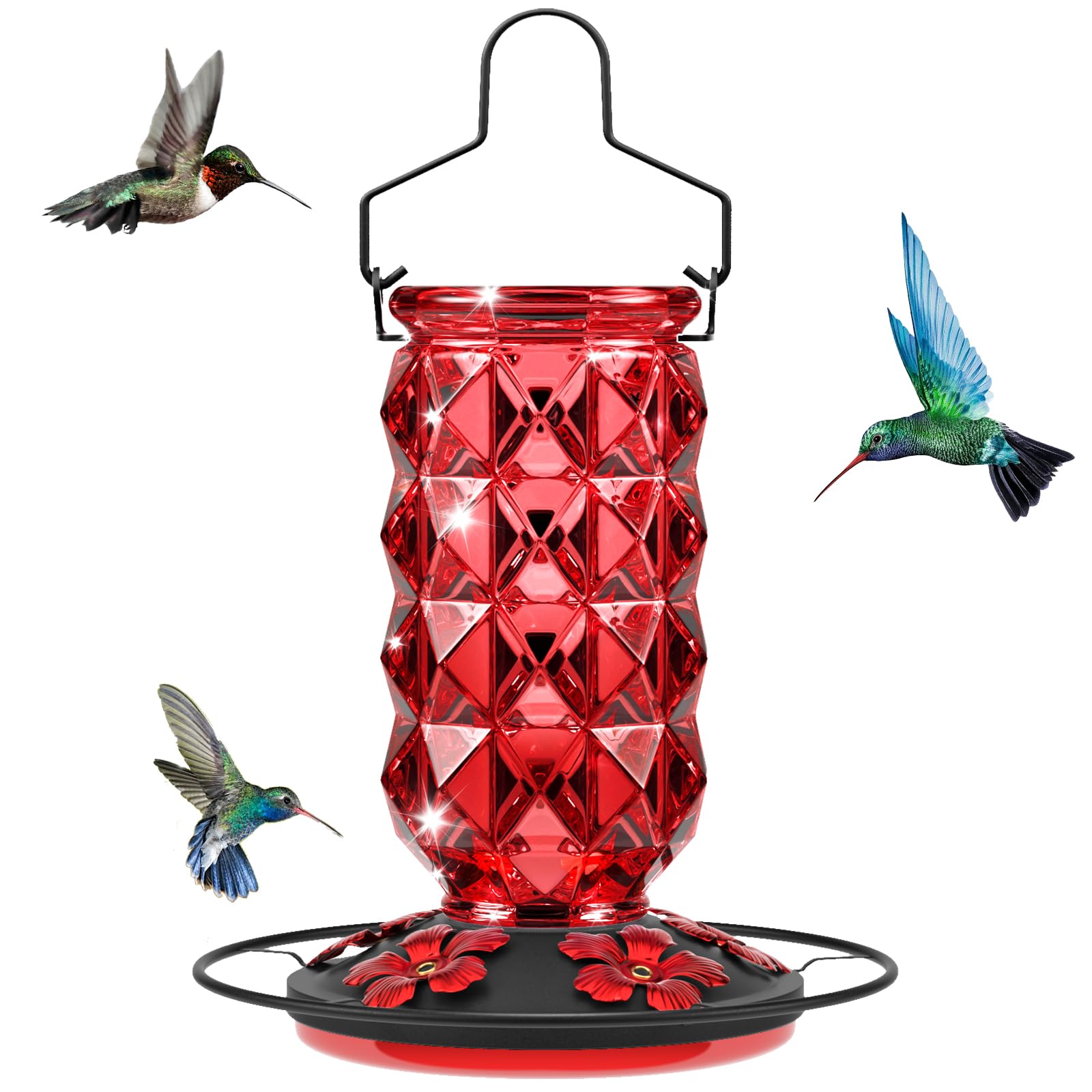 25 Ounces Large Glass Hummingbird Feeders for Outdoors, Wild Bird Nectar Feeder with Perch & 5 Flower Feeding Ports Leak Proof Hanging for Garden Backyard Decor, Gifts for Women Mom, Red