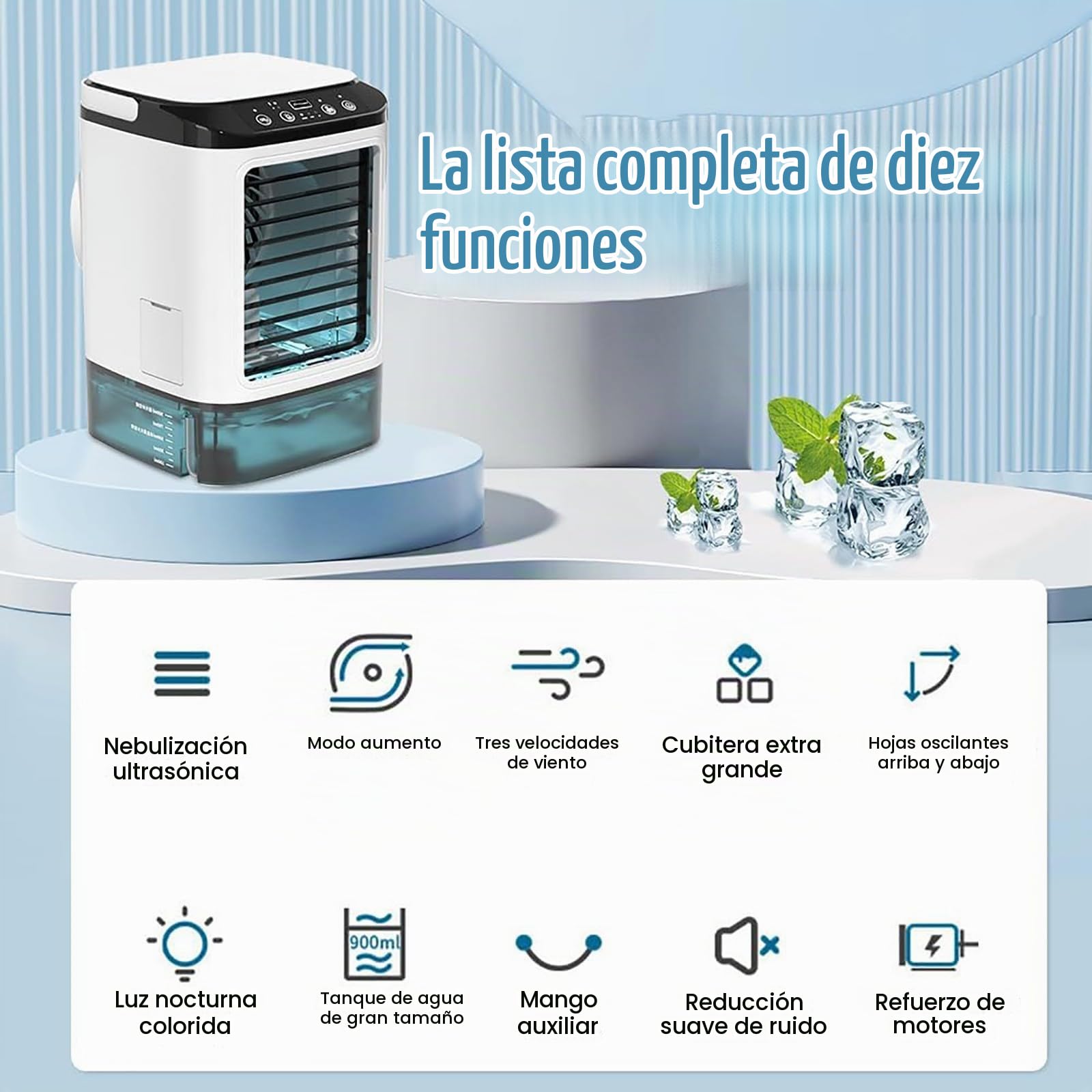 Aire acondicionado portátil,ventilador de aire frío,ventilador de ahorro de energía,mini enfriador de aire 3 en 1,tanque de agua grande de 900 ml,con luz led, adecuado para dormitorios Double spray