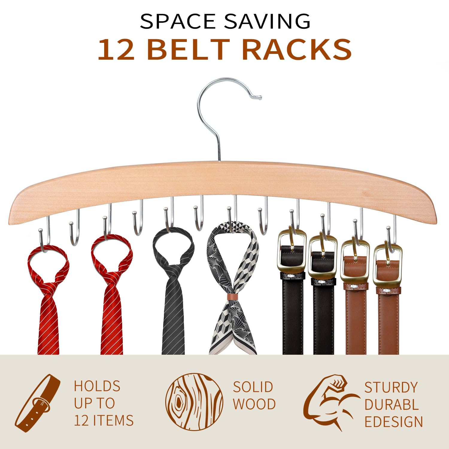 ManGotree Belt Hanger for Closet Wooden Belt Holder with 12 Swivel Hooks, Space Saving Belt Rack - Image 3