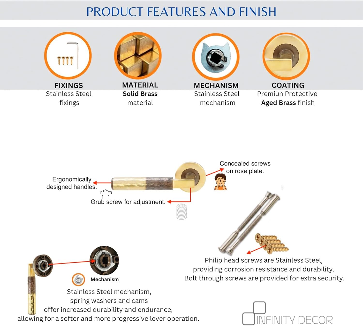 Infinity Decor Pair of Aged Brass Hammered Lever on Rose Latch Door Handles Set 130mm x 52mm Ideal for Internal & External Doors.