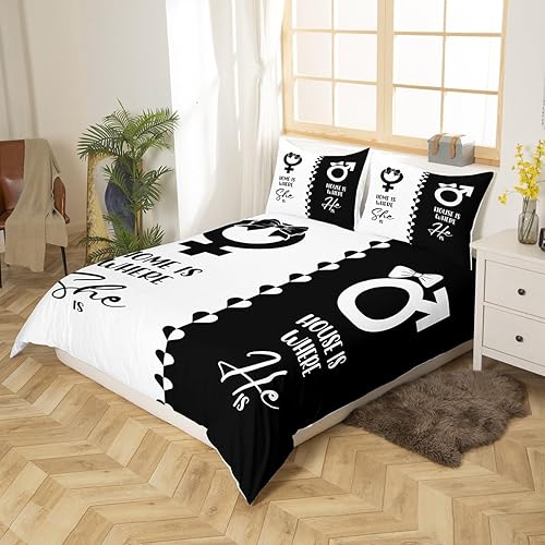 Miniatura 2 de Funda de edredón de matrimonio para parejas, funda de edredón de corazones amorosos, tamaño King, Home Is Where She Is House Is Where He Is, juego