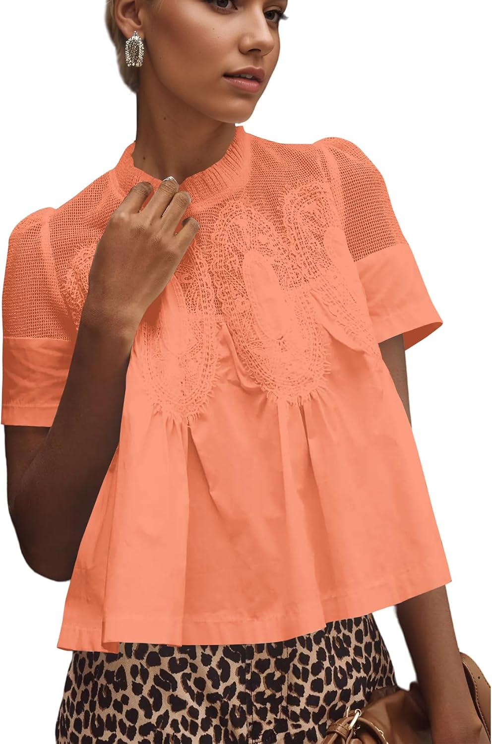 Women Lace Trim Blouse Mesh See Through Puff Short Sleeve Ruffle Pleated Shirts Mock Neck Summer Babydoll Tops