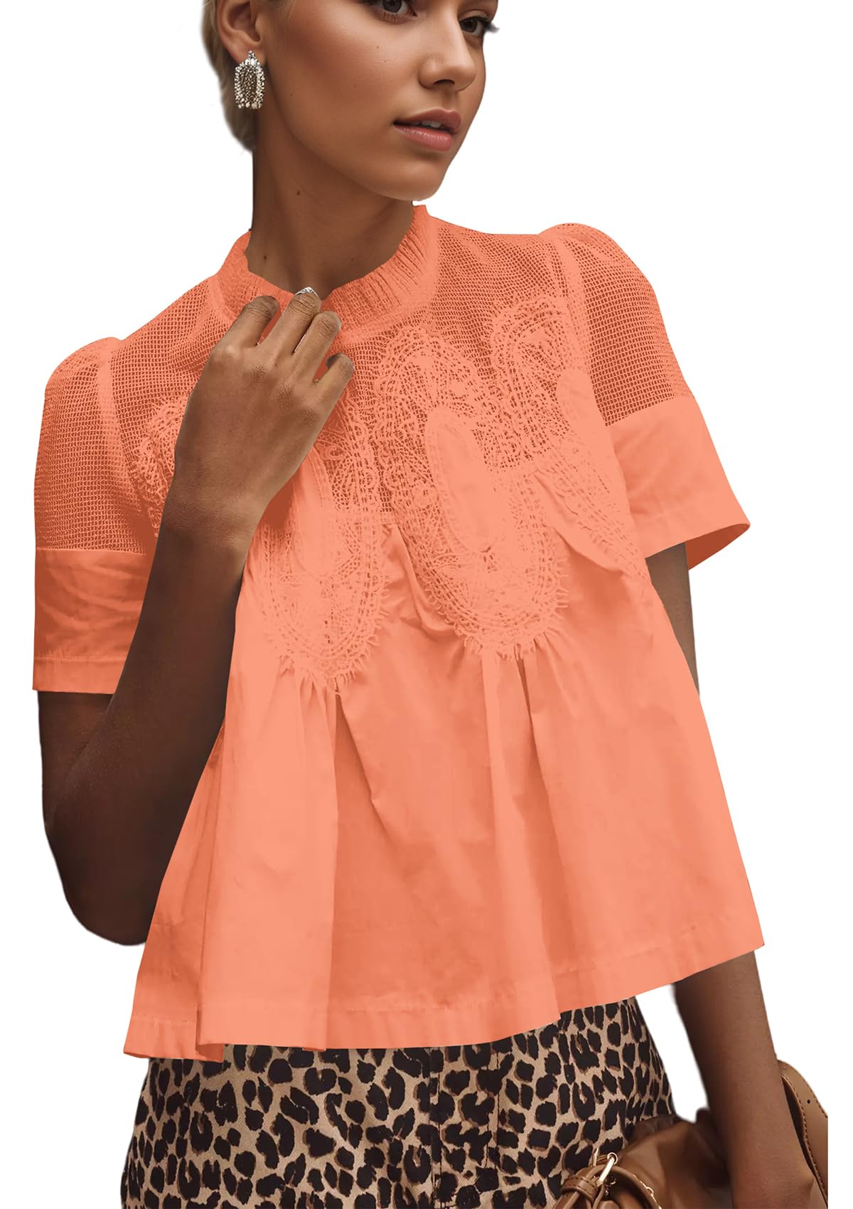 calbatic Women Lace Trim Blouse Mesh See Through Puff Short Sleeve Ruffle Pleated Shirts Mock Neck Summer Babydoll Tops