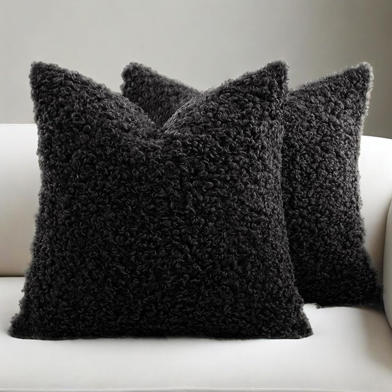 Throw Pillow Covers Set of 2, Faux Wool Teddy Boucle Textured Accent Pillows for Living Room Sofa,Modern Home Decor,Black,20" x 20"