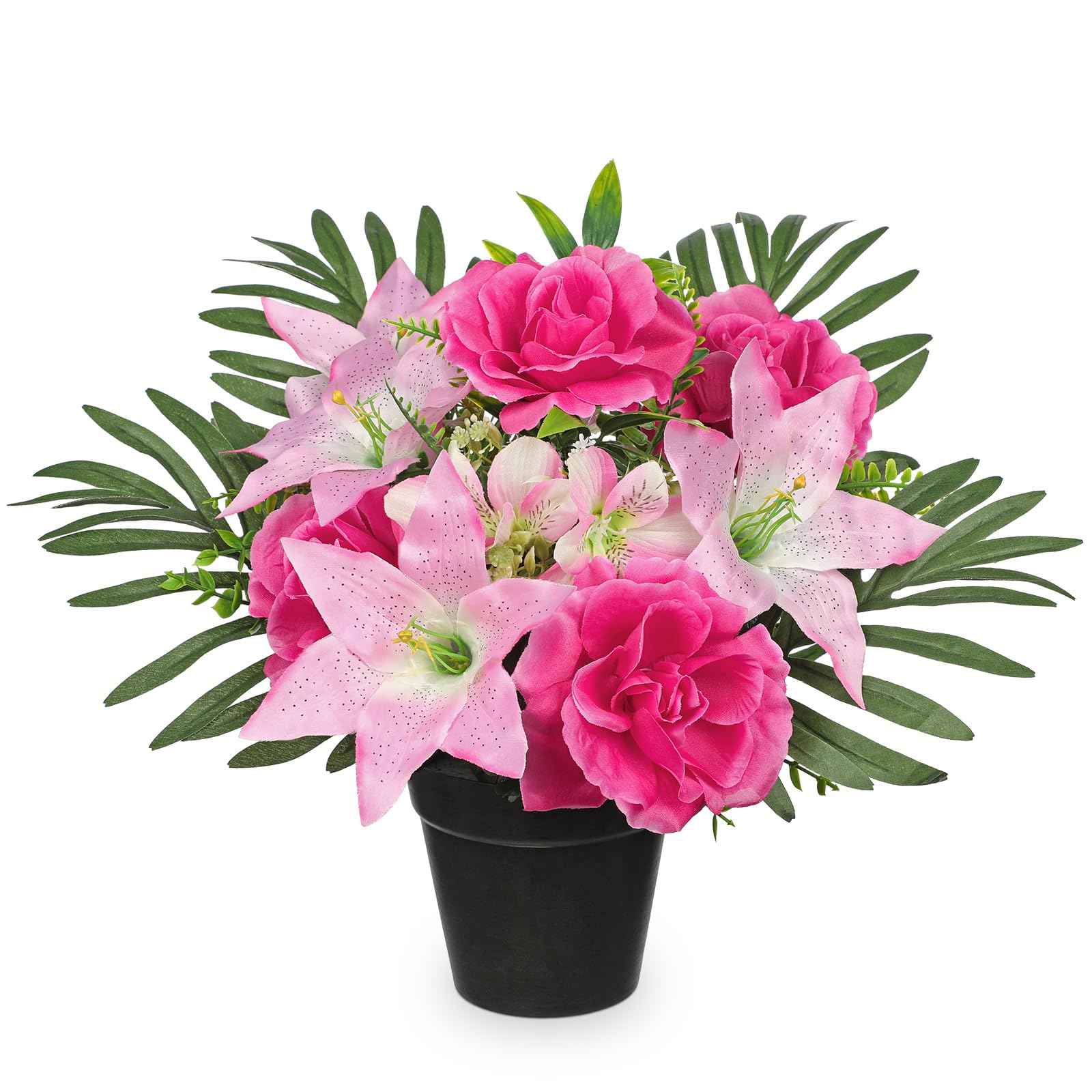 Fleur Artificielle En Pot Pour Tombe - Arrangement Soie Lys Et Roses - 35 Cm - Résistant Aux Intempéries - 10