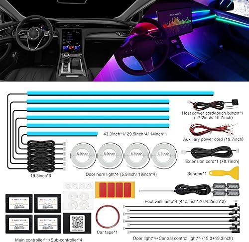Miniatura 39 de Tira de luces LED acrílicas para interior de automóvil con aplicación inalámbrica, RGB 10 en 1, 175 pulgadas, 593 LED, iluminación ambiental